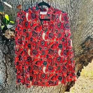 Vtg.60s Viyella Wool Challis Red Purple and Green puff sleeve blouse.Size M